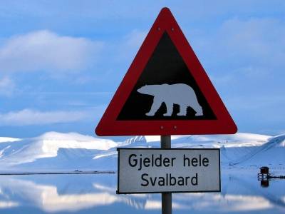 Et veiskilt utenfor Longyearbyen advarer om fare for å møte isbjørn, og at det «gjelder hele Svalbard». På grunn av klimaendringer og mangelen på havis i en varmere verden er de 3 000 isbjørnene på Svalbard, men også andre steder, meget sårbare. Foto: Mike Goad/Flickr.